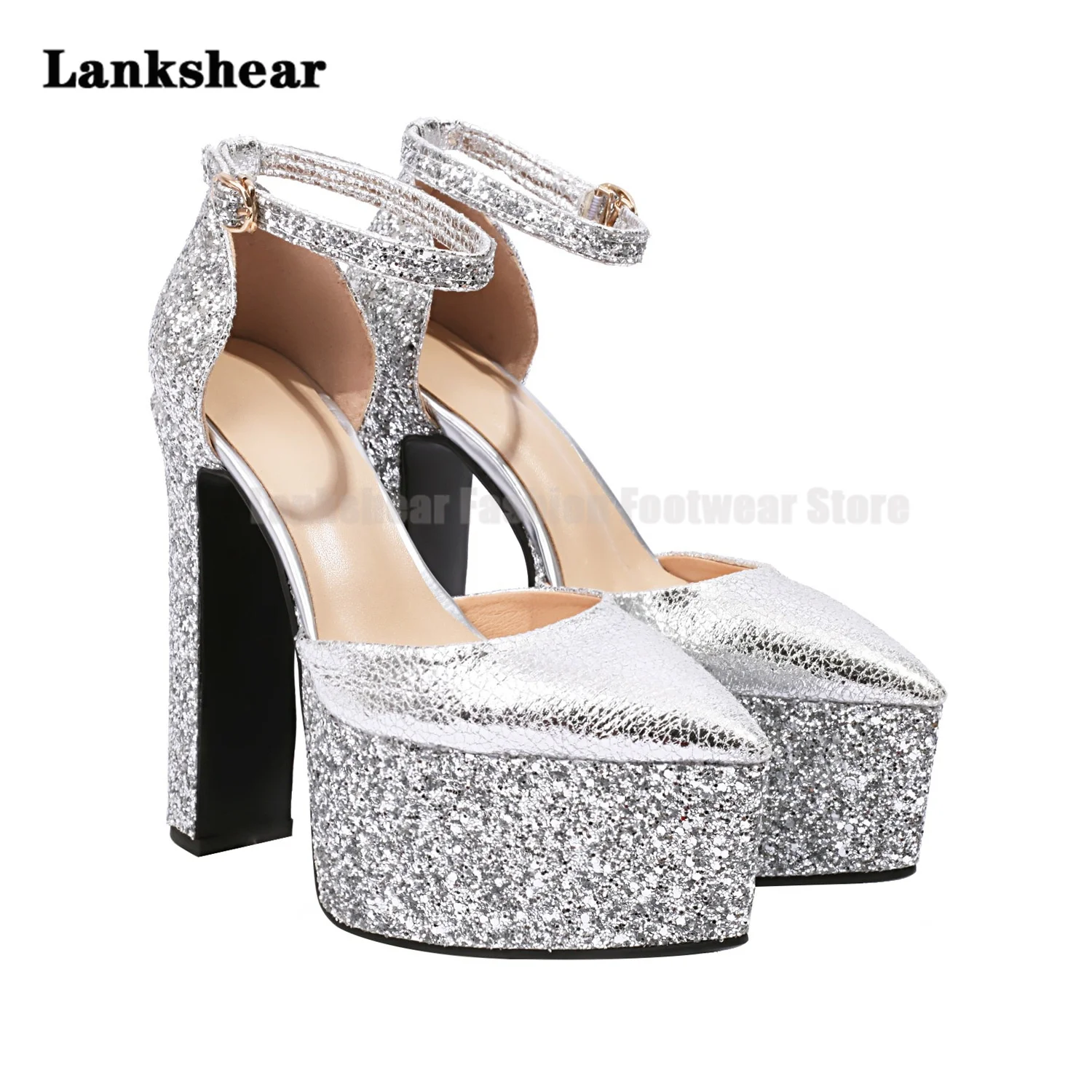 

Sequined Chunky Platform High-Heeled Sandals for Women Wedding Women Evening Party Shoes Buckle Latch Waterproof Thick Heels