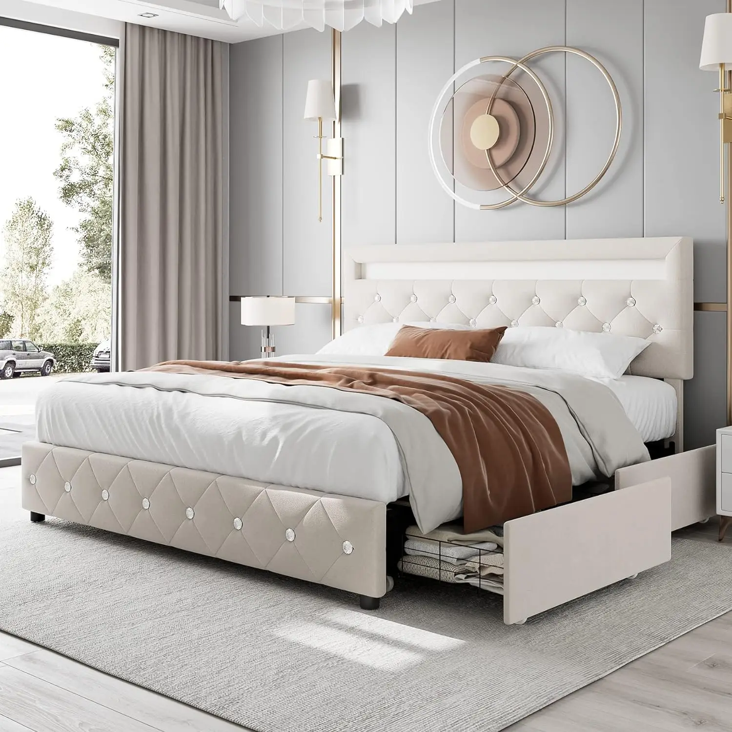 LED Bed Frame,Velvet Upholstered Platform Bed with Adjustable Crystal Button Tufted Headboard and Solid Wooden Slats