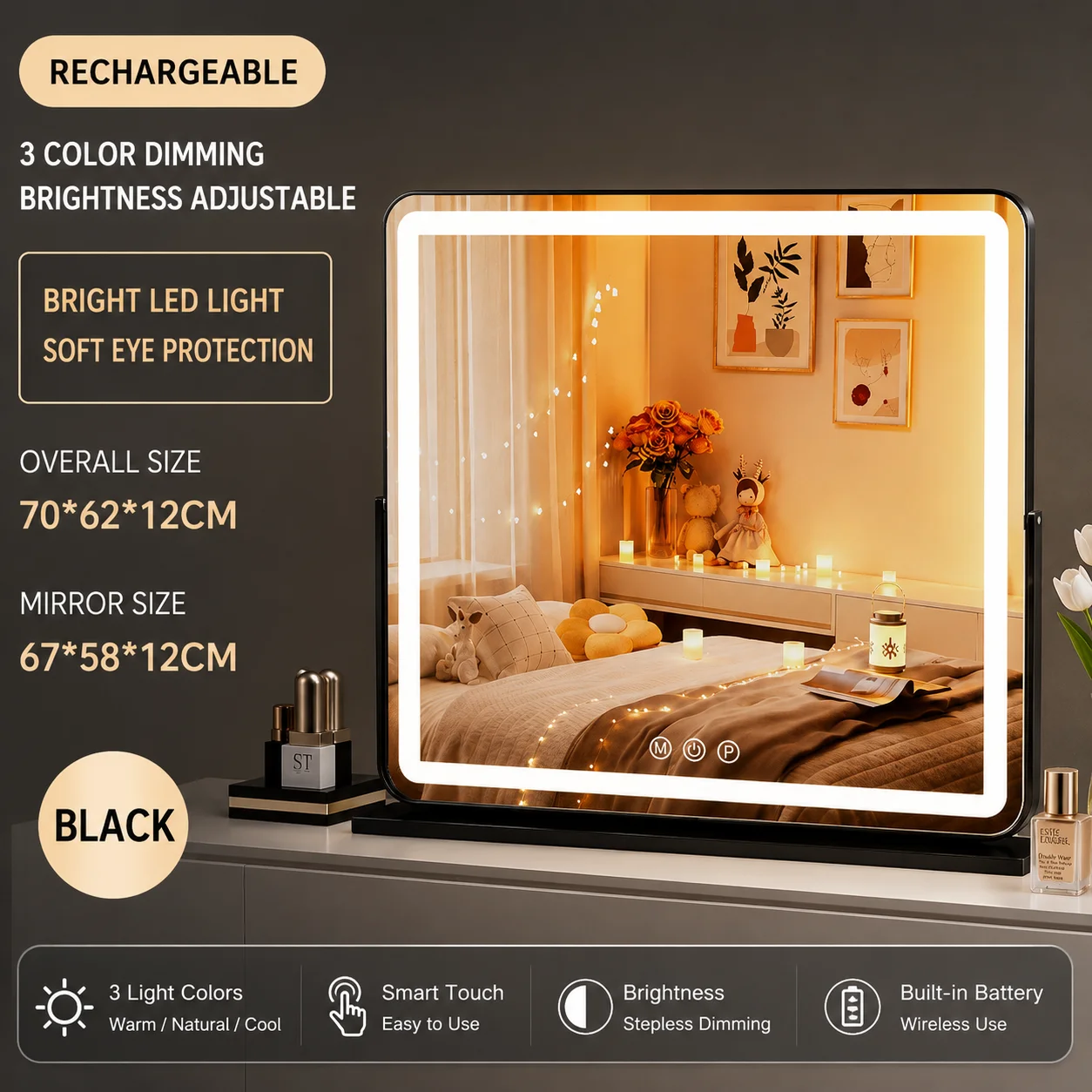 Black Base Lighted Makeup Mirror Large Rectangular LED Vanity Mirror Smart Touch Adjustable Rotating Rechargeable Desktop