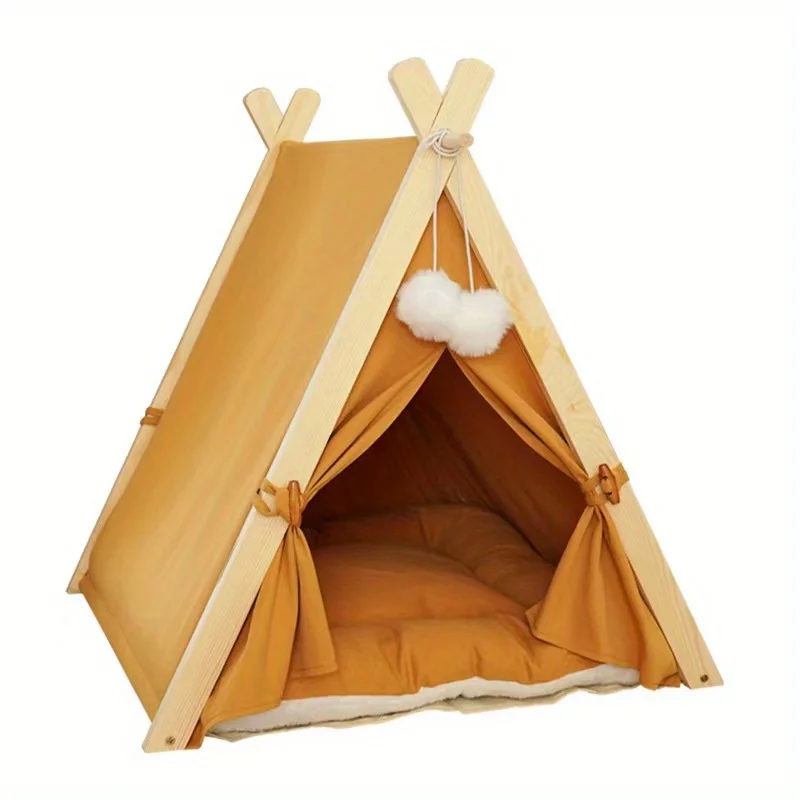 Wooden Cat Dog Teepee Tent Cozy Solid Wood Shelter with Luxurious Thick Mat Portable for Indoor Outdoor Fun