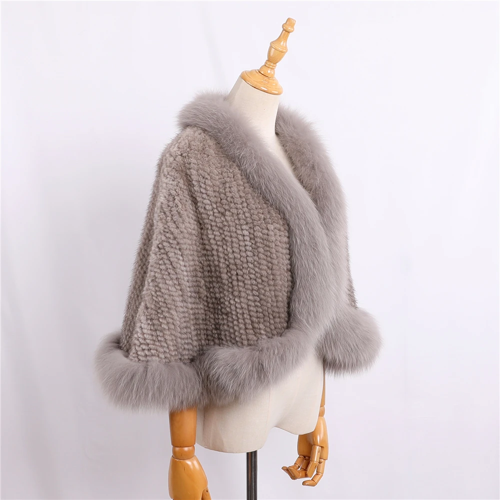 Luxury New Genuine Mink Fur Knitted Shawl Wrap Opera Cape Fox fur Triming women Lady mink fur coat Jacket Stole Amice Pashmina