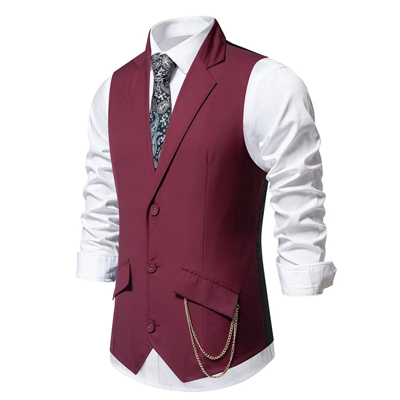 

Vintage Wine Red Suit Vest Men 2024 Brand Turn Down Collar Dress Vest Waistcoat Men Formal Business Wedding Vests with Chain XXL