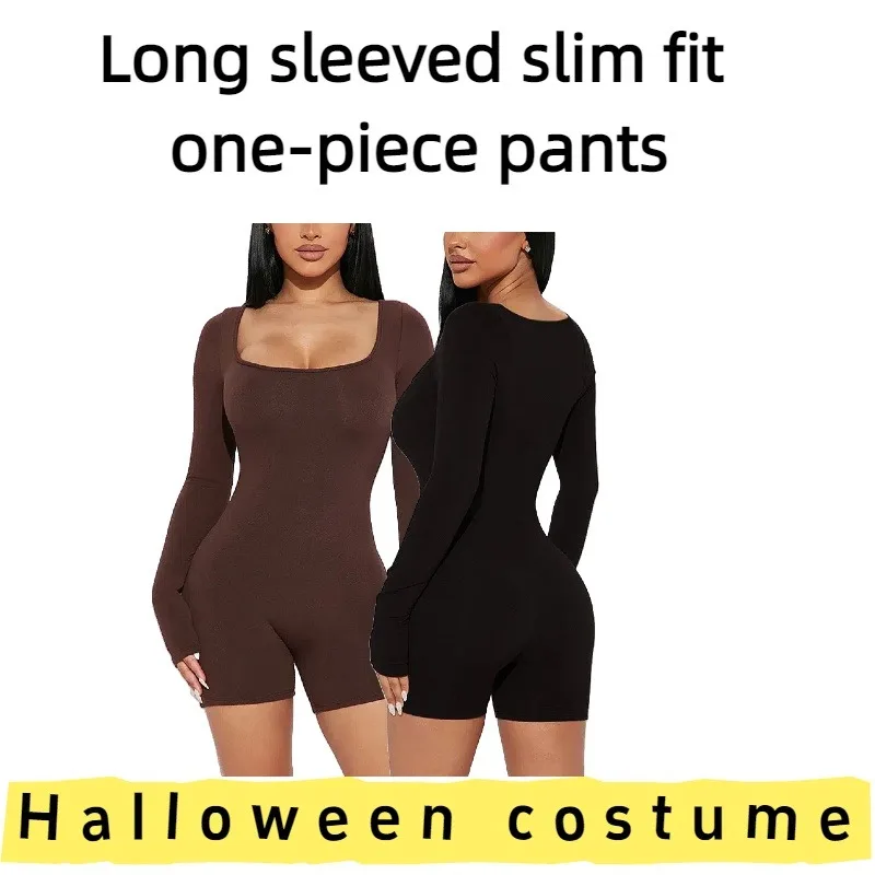 

Европейско-американский женский комбинезон с квадратным вырезом и длинными рукавами, облегающий комбинезон с подтяжкой ягодиц для повседневной носки, офисных поездок, повседневных прогулок