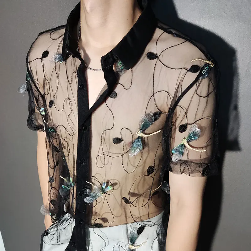 Three-dimensional Dragonfly Embroidery Shirt Trendy Transparent  Sexy Shirt Men Short Sleeve Clothing See Through Social Club