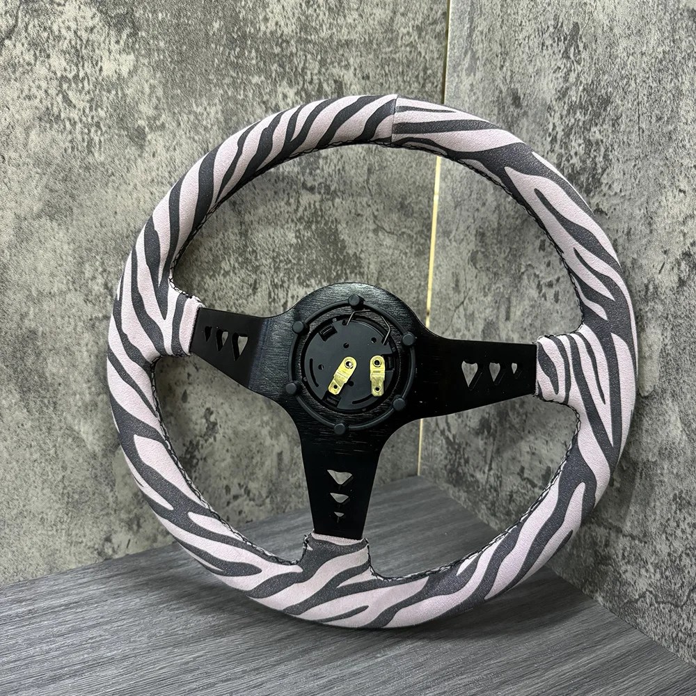 Pink Zebra Print Steering Wheel Suede Leather Heart Hole Bracket Deep Dish Racing Auto Steering Wheel