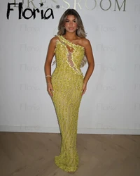 Floria Arabic Yellow One Shoulder Mermaid Evening Dress with Split Back Beaded Dubai Luxury Wedding Party Dress Customized