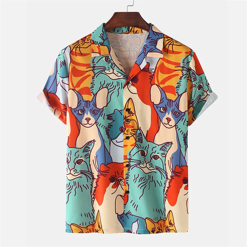 Fashion 3d Printed Cartoon Cat Hawaiian Shirt for Men Summer Vacation Button Down Lapel Shirts Cool Street Short Sleeve Blouse