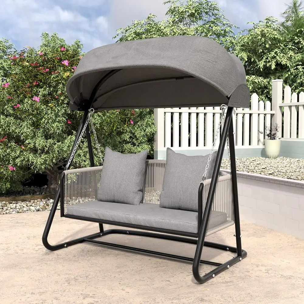 

Gray 2-Person Retractable Patio Swing Chair with Stand, Large Deep Seating, Wicker Armrests and Backrest, Outdoor Swing for Adul