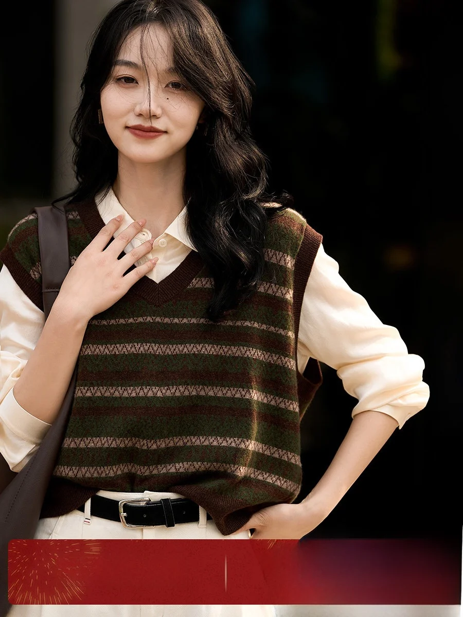 

Ретро-жилет из шерсти с V-образным вырезом, женский, осенний, новый, мягкий, свободного кроя, модный, элегантный, теплый, для повседневной носки