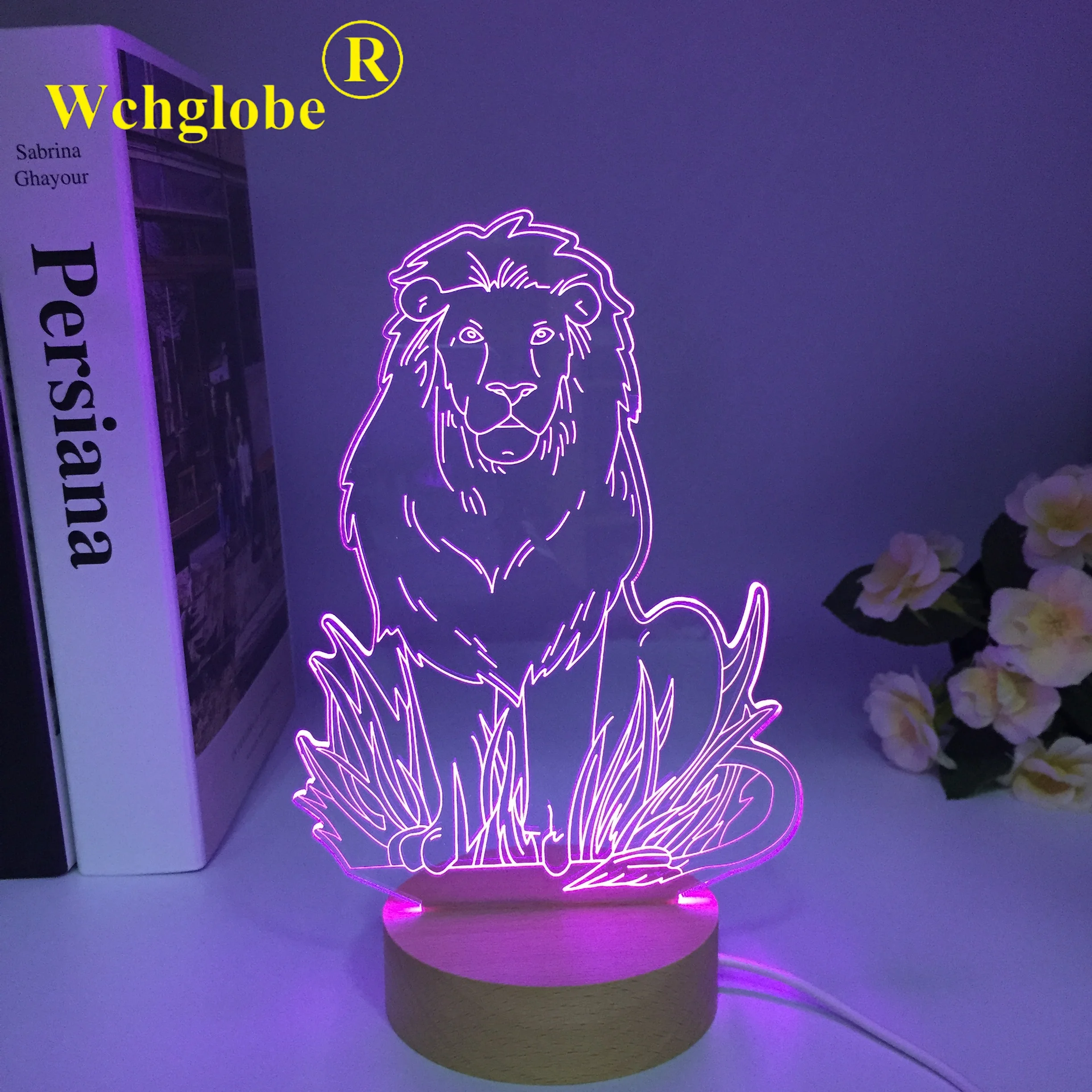 Colorful Lion Animal 3D Lamp Creative Desktop Bedroom Night Light LED Acrylic Wooden Table Lamp Birthday Xmas Gifts Room Decor