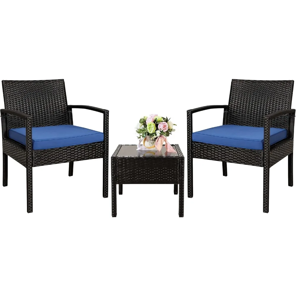 

3 Piece Outdoor Patio Furniture Sets, Rattan Conversation Set with Soft Cushion, Wicker Chairs with Coffee Table for Yard