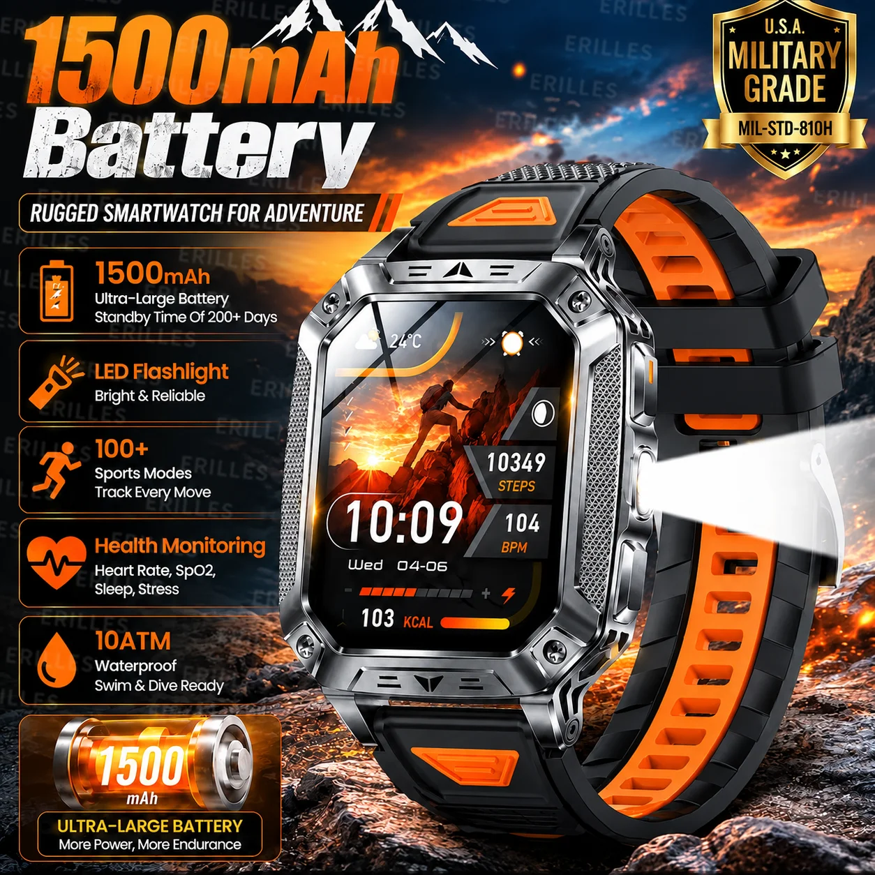 1500mAh Military Grade Smart Watch 100 Days Battery Life 10ATM Waterproof Bluetooth Call SOS Alert LED Flashlight Sports Watche