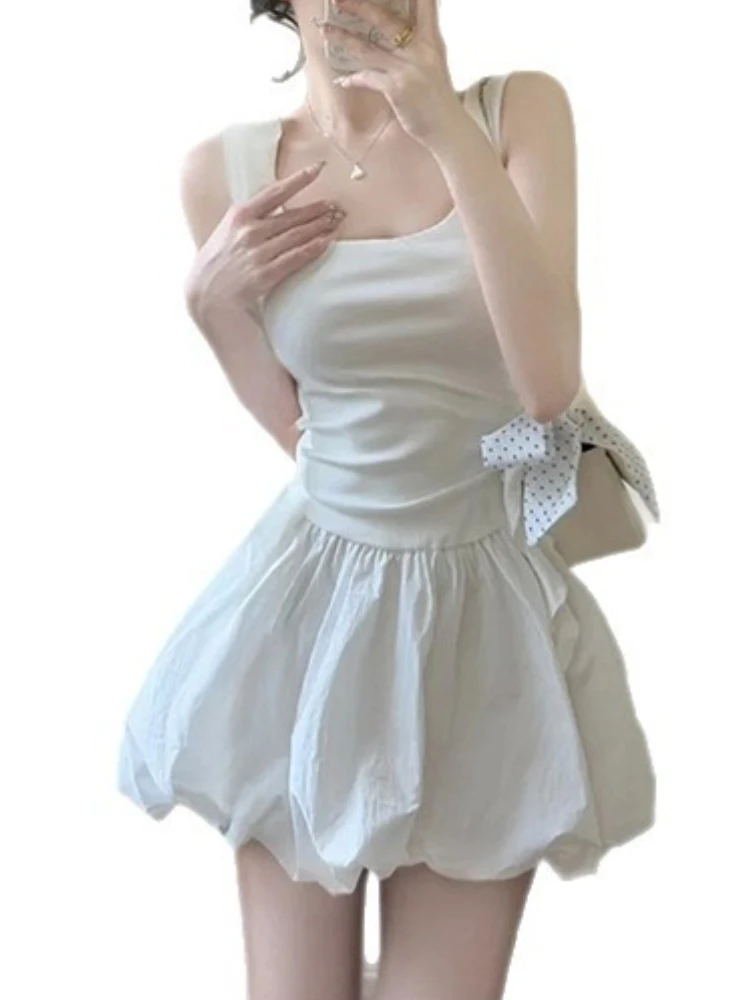 

Новинка 2023 года, белое пышное мини-платье, женское летнее платье с ампирной юбкой на талии, платья с цветочным принтом и открытыми плечами, короткое женское платье без рукавов