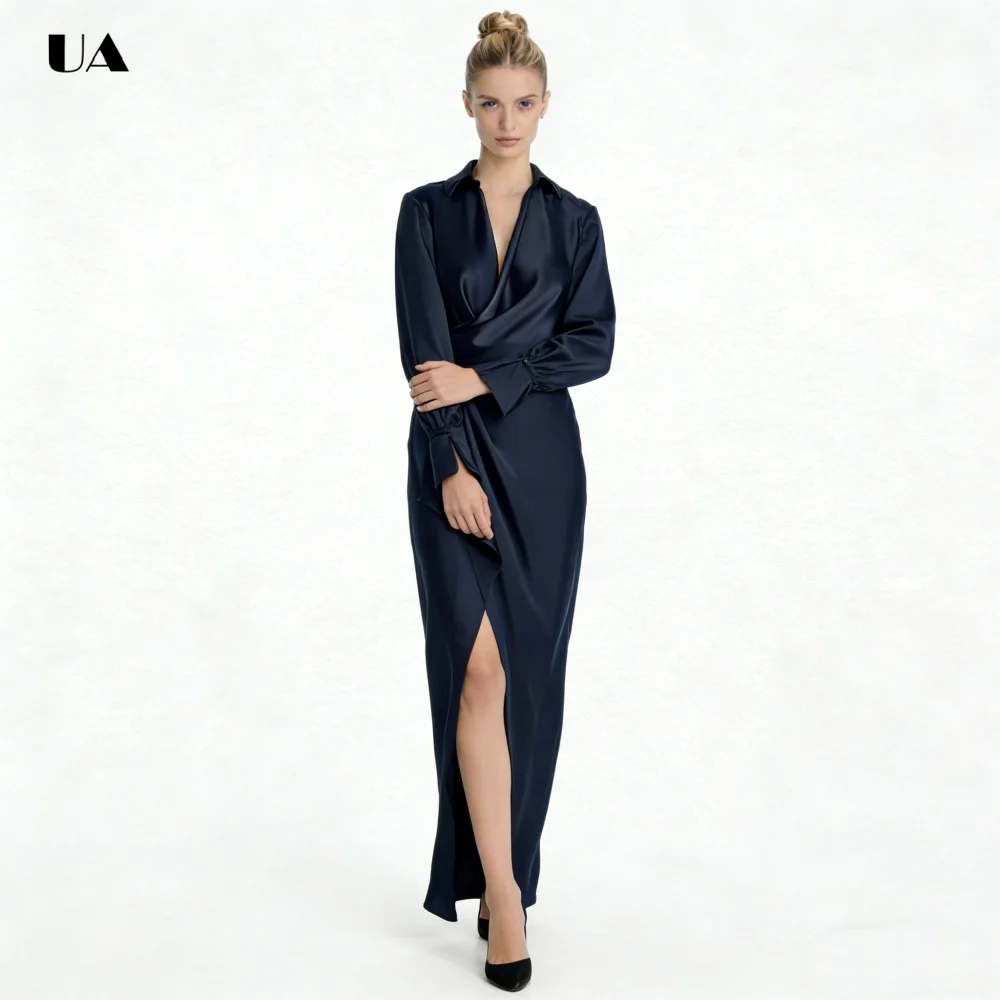 Abito da ballo a colonna alla moda con colletto rovesciato, abito da sera solido a maniche lunghe con dettaglio bottoni, abito da festa personalizzato