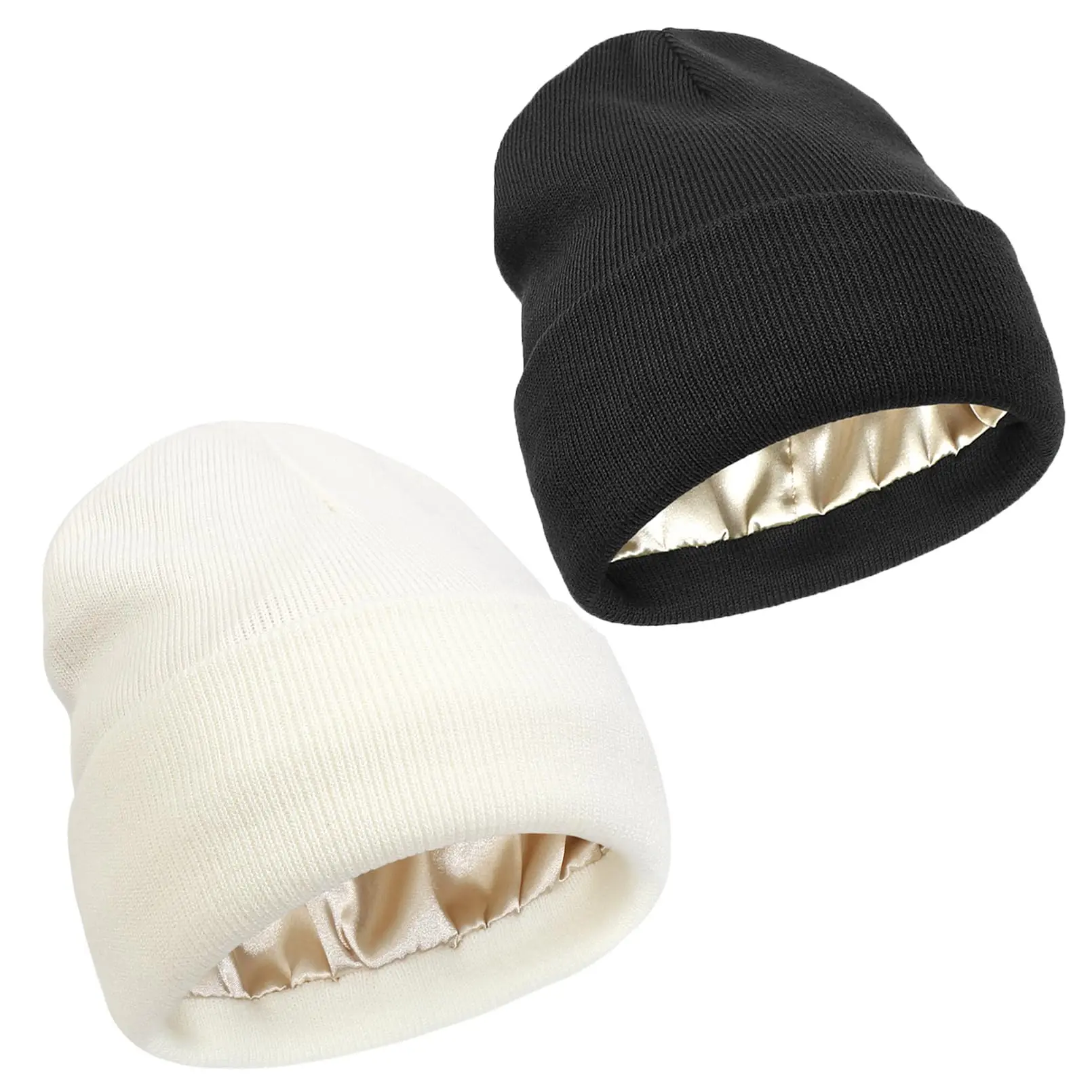 Unisex Satin Lined Beanie Hat For Women Winter Silk Lining Slouchy Warm Cuffed Skullies 2Layer Hair Cover Sleep Cap