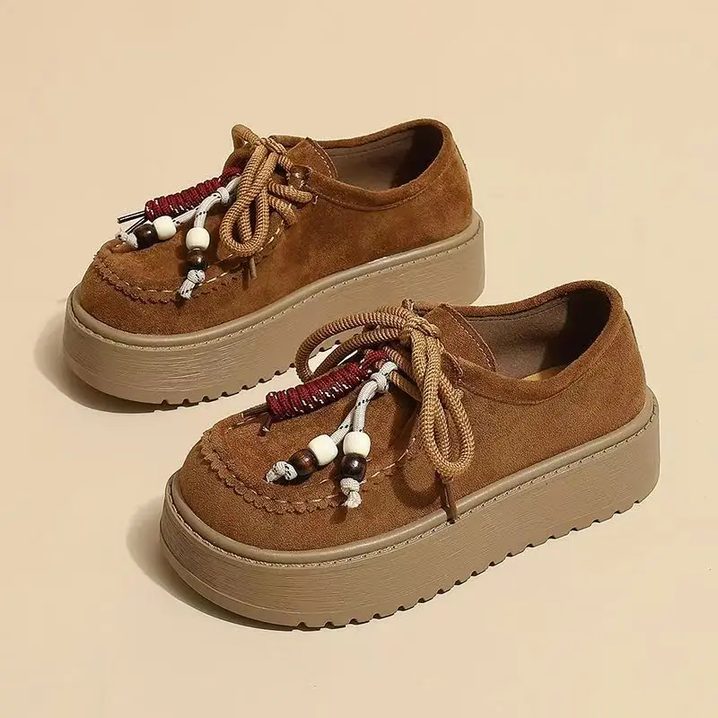 

Женские кожаные лоферы на толстой подошве со шнуровкой, весенне-осенние, новые, в стиле ретро, модные, универсальные, с круглым носком, повседневные, нюдовые туфли