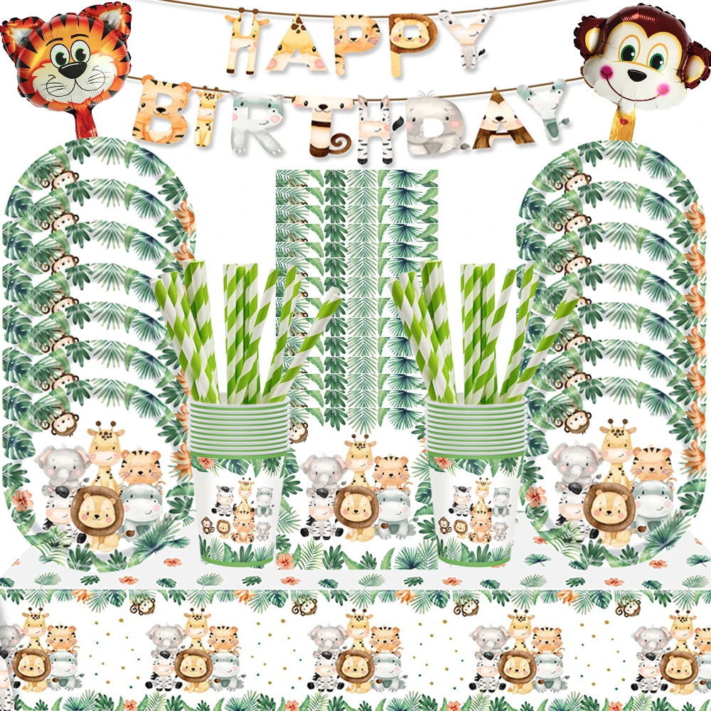 Vajilla desechable de cumpleaños de la jungla, platos de papel salvajes, vasos, servilletas, mantel, decoraciones para fiestas temáticas de animales de la selva de Safari