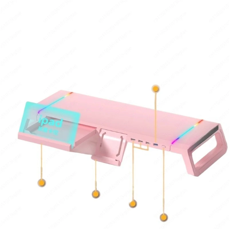

RGB Monitor Stand, Ergonomic Riser with 4-Port USB Hub and Hidden Drawer, Pink Gaming & Office Desk Organizer for Women