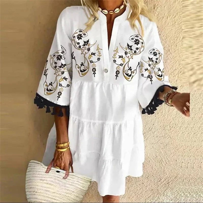 Women Button Splice V Neck Dresses Elegant Print Tassel Seven-quarter Sleeve Midi Gown Urban Comfortable Casual Female Dress New