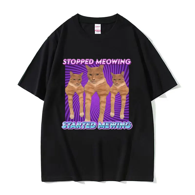 Cat Mewing Weirdcore Cursed Cringey Meme T Shirt Jaw Looksmaxing Funny T Shirts Men Women's Casual 100% Cotton Short Sleeve Tees