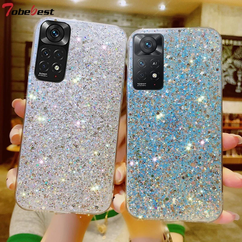 Shiny Glitter Silicone Case for Xiaomi Redmi Note 11 11S 10 10S 9 9S 9A 9C 8 8A Pro Gold Silver Foil Soft Back Cover