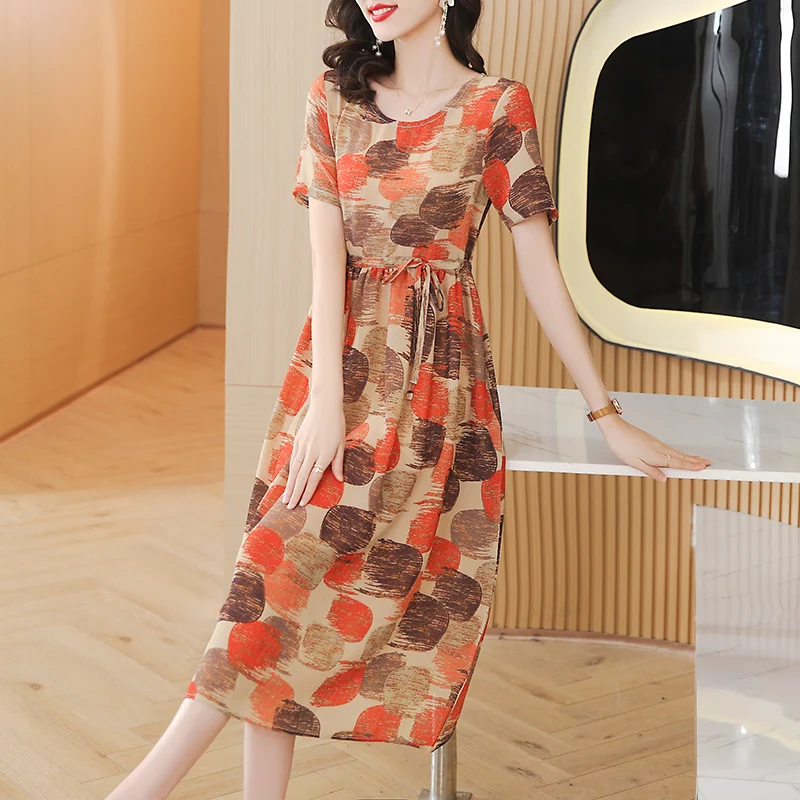 2023 Spring/Summer New O-Neck Silk Polka Dot Print Dress Drawstring Slim Loose Large A-line Skirt Over Knee Long Dress