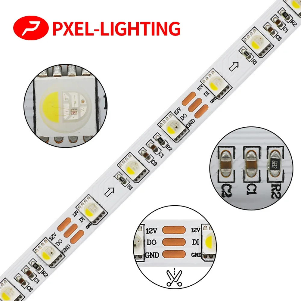 A tira clara conduzida flexível, rgbw rgbw rgbww 4 cores em 1, sk6812 ic, 60 pixels/m, smd 5050, rgb, branco, 5v, 12v