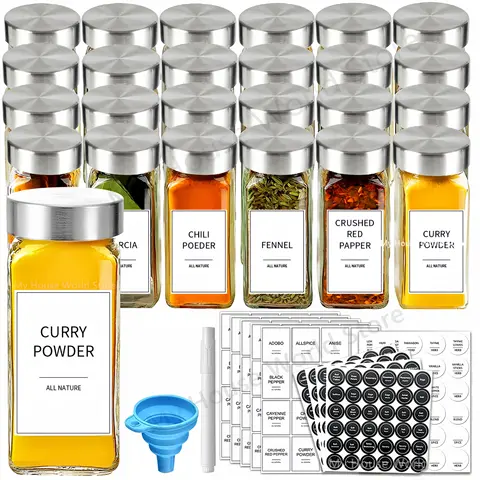 Kryddburkar i glas med kryddbehållare i rostfritt stål, salt- och pepparkar, kryddorganisatör, biologiskt nedbrytbar kryddburkset 8 best sales kryddset - №6