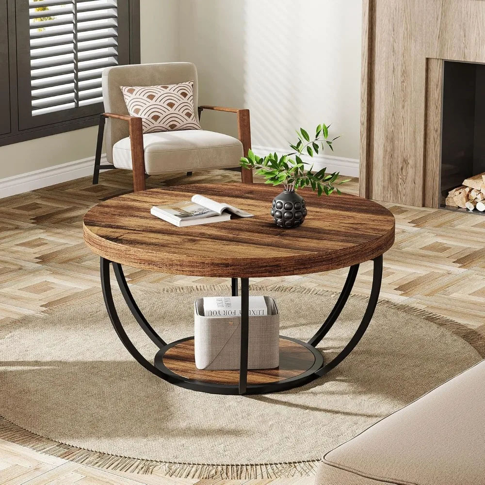 Mesa de centro redonda, mesa de centro circular de madeira com prateleiras de armazenamento, mesa central de coquetel com detalhes modernos