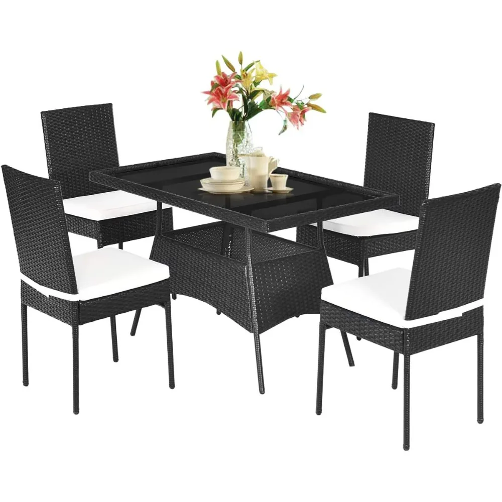 

5 шт. обеденный набор из ротанга для патио, мягкий стул, стол со стеклянной столешницей, садовая мебель, набор обеденных столов для дома и улицы