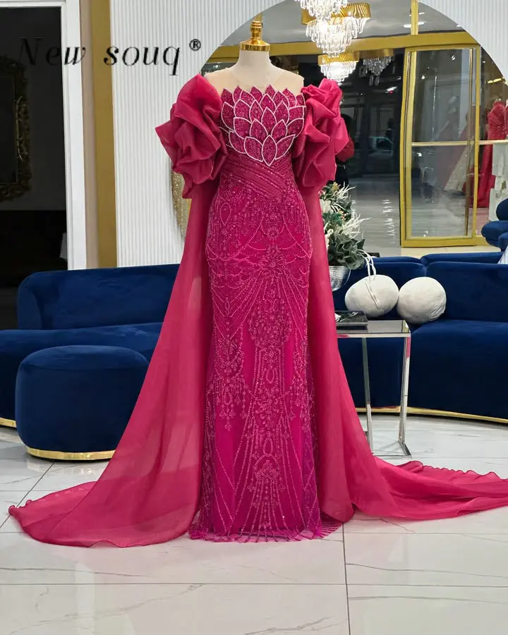 

Hot Pink Party Dresses 2025 Sparkle Beaded Mermaid Evening Dresses with Cloak Customized Dubai Elegant Formal Women Prom Gowns