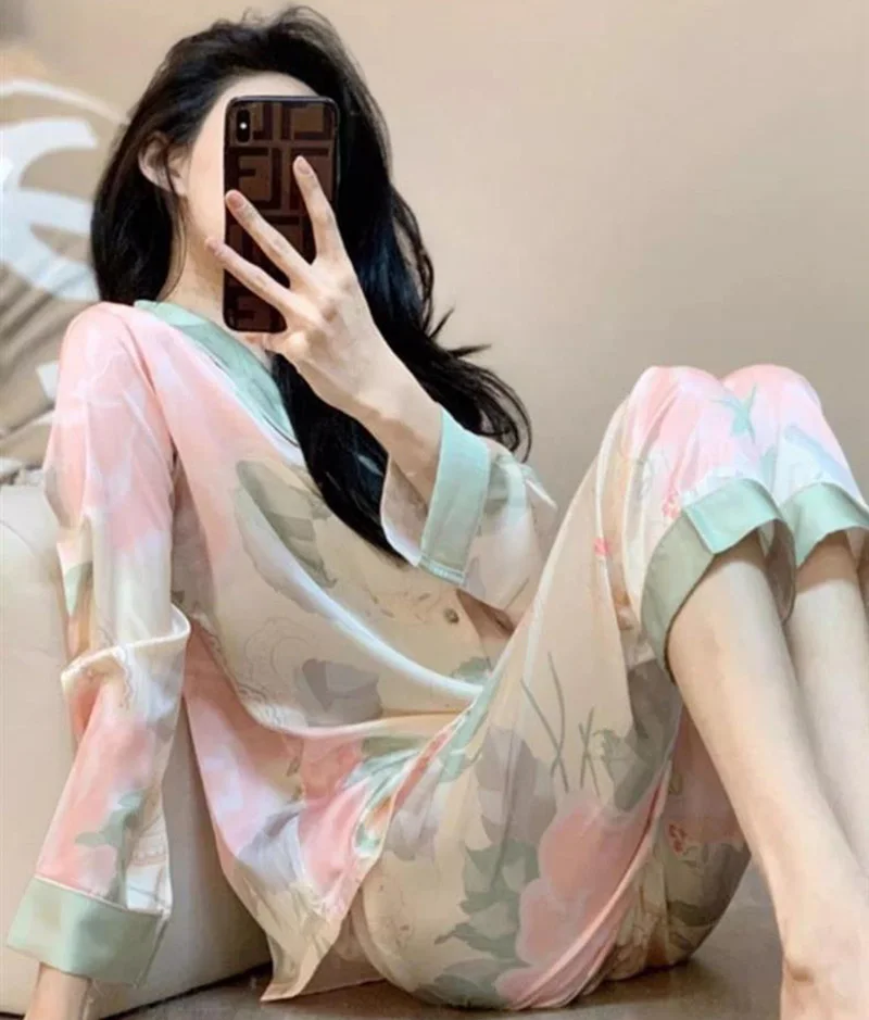 Women\'s Clothes Floral Ice Silk Pajamas Sweet Thin Section Spring Summer V-Neck Homewear Fashion Korean Simple Soft Loungewear