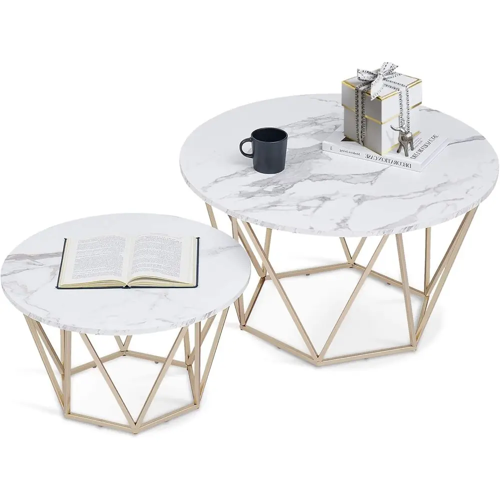 

Round Nesting Coffee Table Set of 2 with faux Marble and Gold Metal for Living Room, Diamond (White)