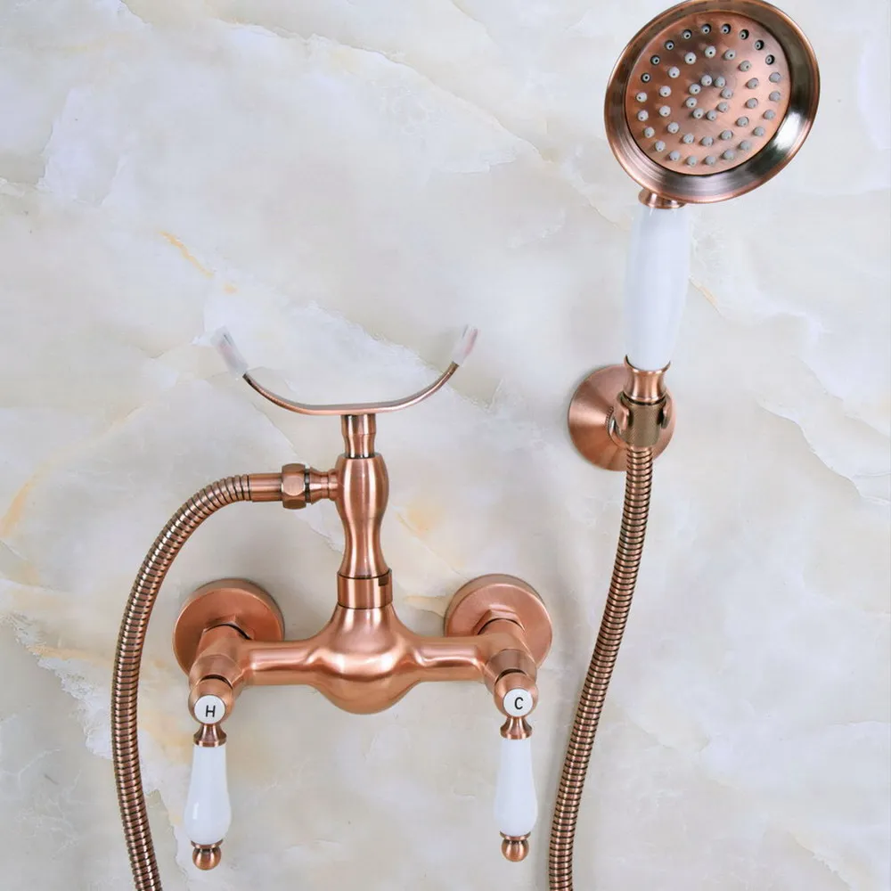 

Antique Red Copper Wall Mounted Bathtub Faucet with Handheld Shower Set +150CM Hose Mixer Tap 2na357