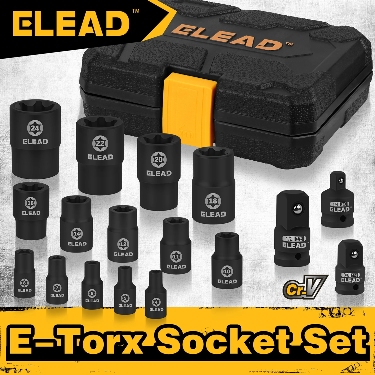 ELEAD 17PCS Inverted E-Torx Socket Set - Impact Cr-V Steel E4-E24 Star Female Sockets 1/4 3/8 1/2 Drive with Storage Case