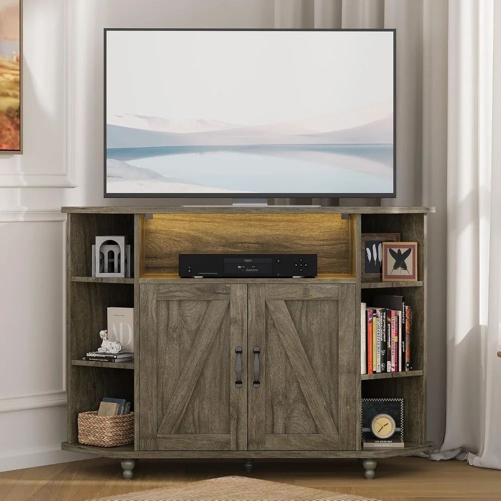 

Farmhouse Style 50 Inch TV Corner Stand with LED Lighting, Open Shelves and Adjustable Shelving for Entertainment Center