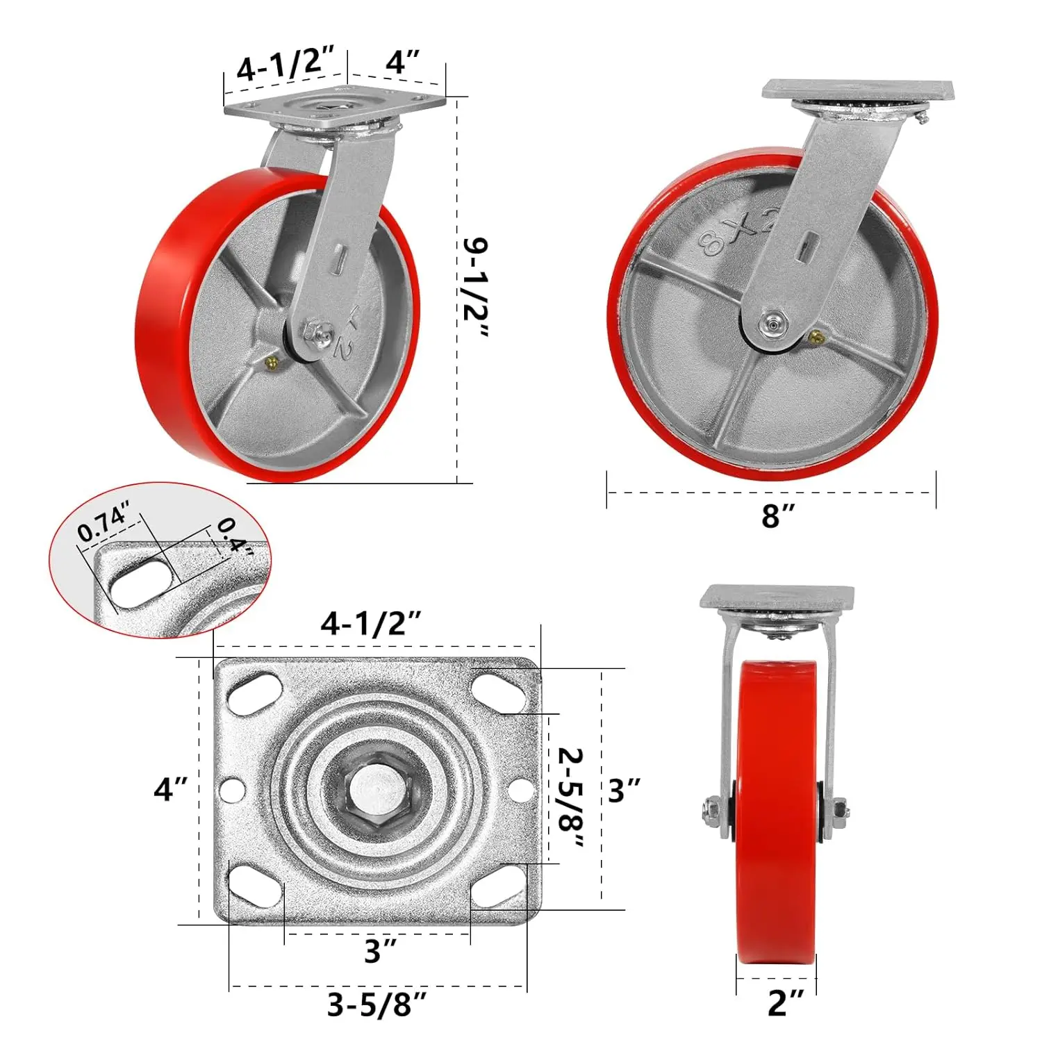 Set of 4 Heavy Duty Industrial Caster Wheels, Polyurethane Wheels with Strong Load-Bearing Capacity 6000lbs (2 Swivel & 2 Rigid)