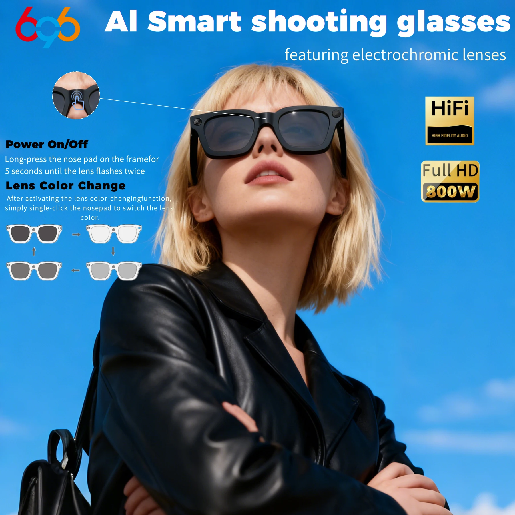 Smart AI Camera Glasses Electrochromic 8MP Image Stabilization Real-Time Simultaneous Interpretation Sunglasses Video Recording