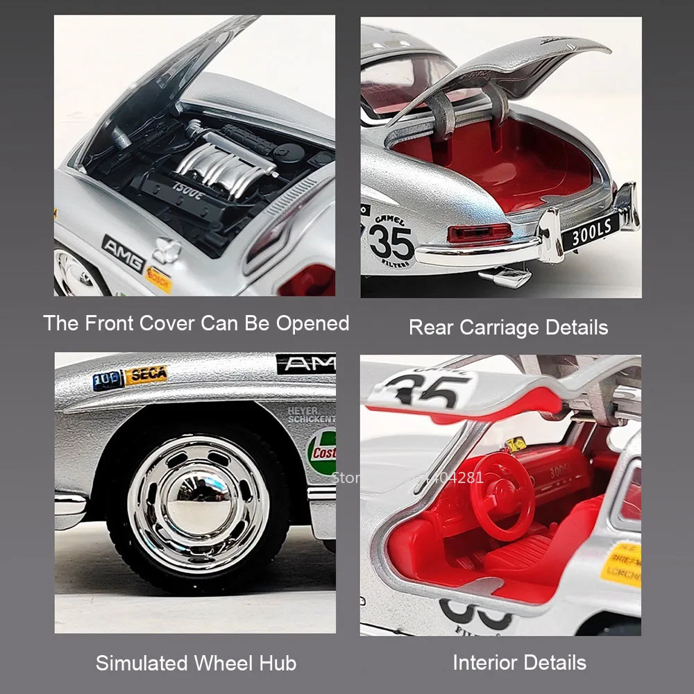 1:32 스케일 300SL SLR 772S 미니어처 모델 장난감 다이캐스트 합금 자동차 도어 개폐 사운드 라이트 후진 자동차 어린이 선물용