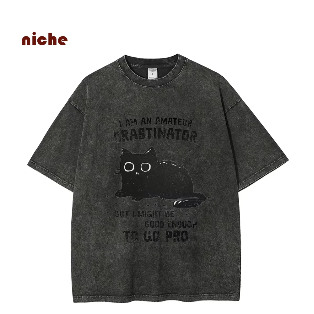 

Cartoon Black Cat Retro Letter Print T-Shirt Washed Neutral Style Shoulder Round Neck High Gram Weight Trend Short Sleeve