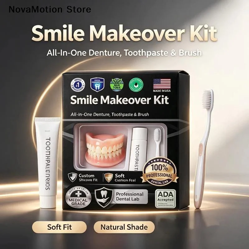 [NM]1Set Upper Lower Natural Ivory False Teeth Sets Moldable Silicone Denture Kit Instant Smile With Free Toothbrush Toothpaste