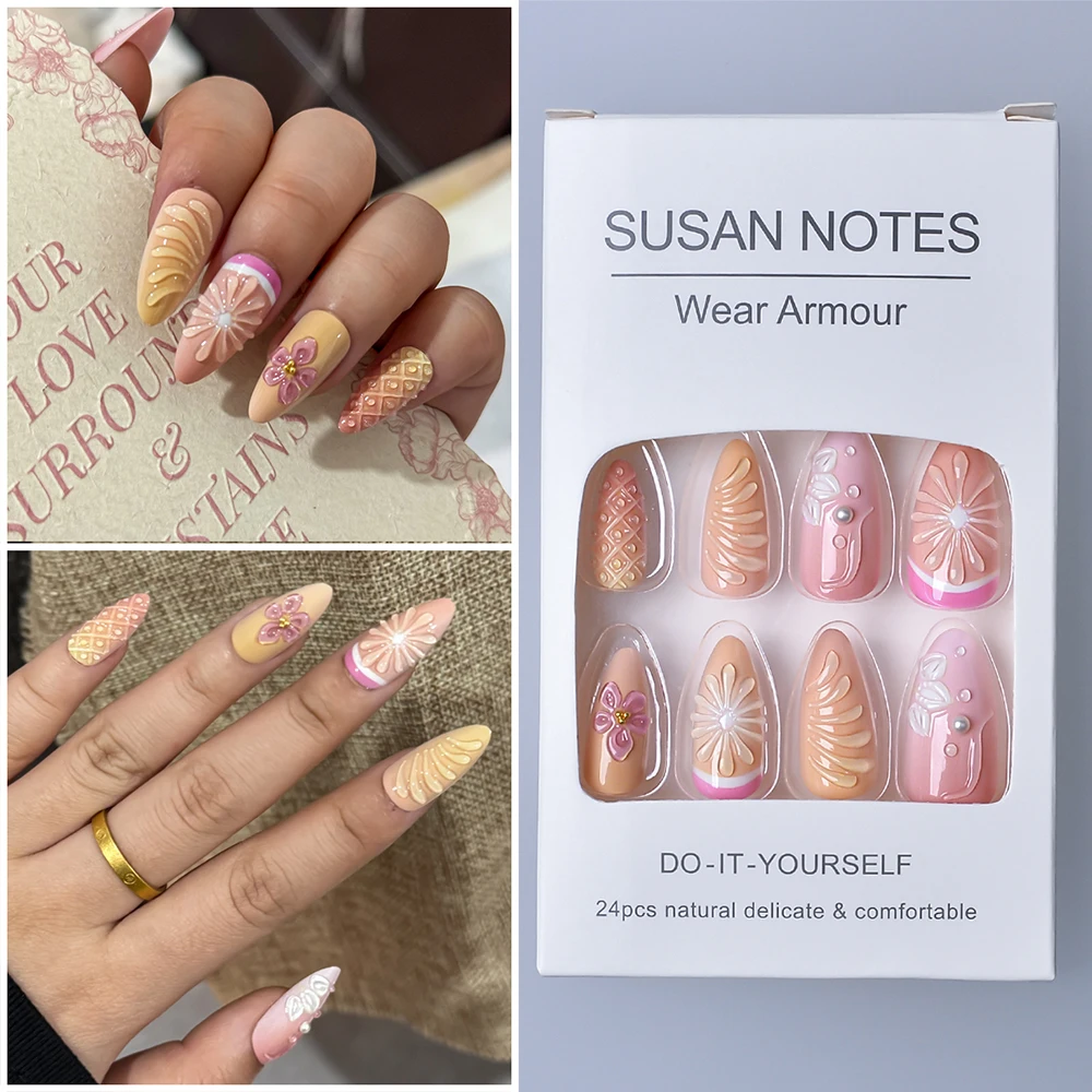 24-piece cross-border transparent floral press-on nails with 3D shell pattern and built-in pearl almond-shaped nail tips