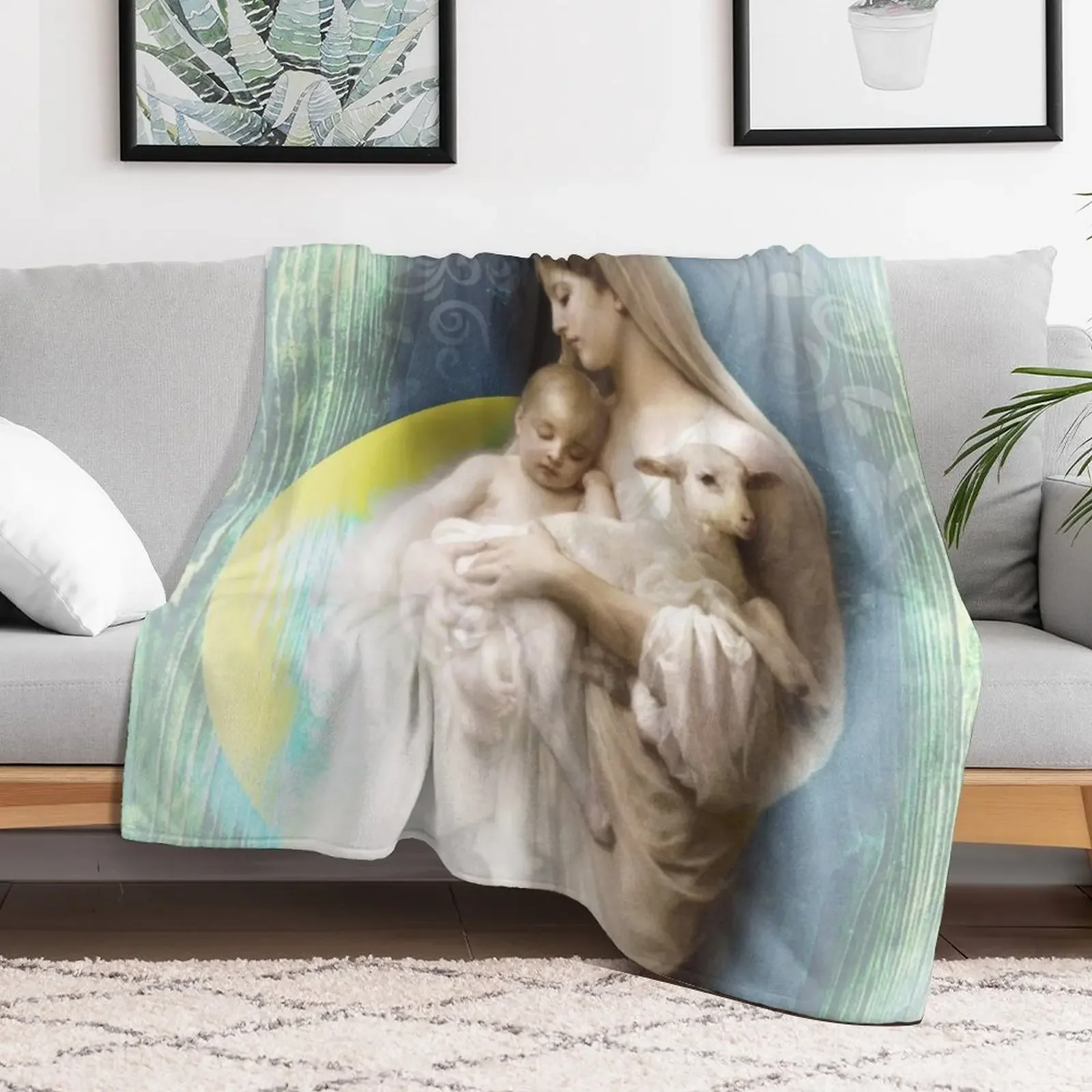 Mother with Baby and Lamb Jesus Virgin Mary Christian woman retrowave synth green yellow 80s pastel floral backgro Throw Blanket