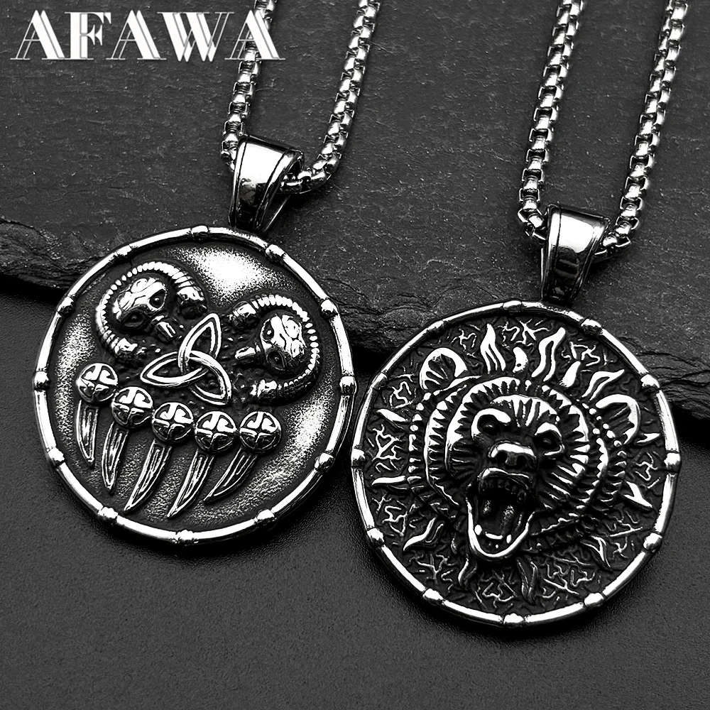 Vintage 316L Stainless Steel Nordic Viking Bear Head Pendant Necklace For Women Men Mythology Animal SiLver Color Jewelry Gift