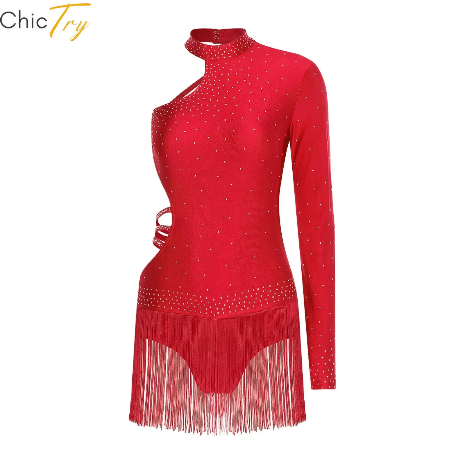 Womens Latin Jazz Dance Leotard Dress Single Long Sleeve Ballerina Costume including Backless Design Tassel Skirted Bodysuit