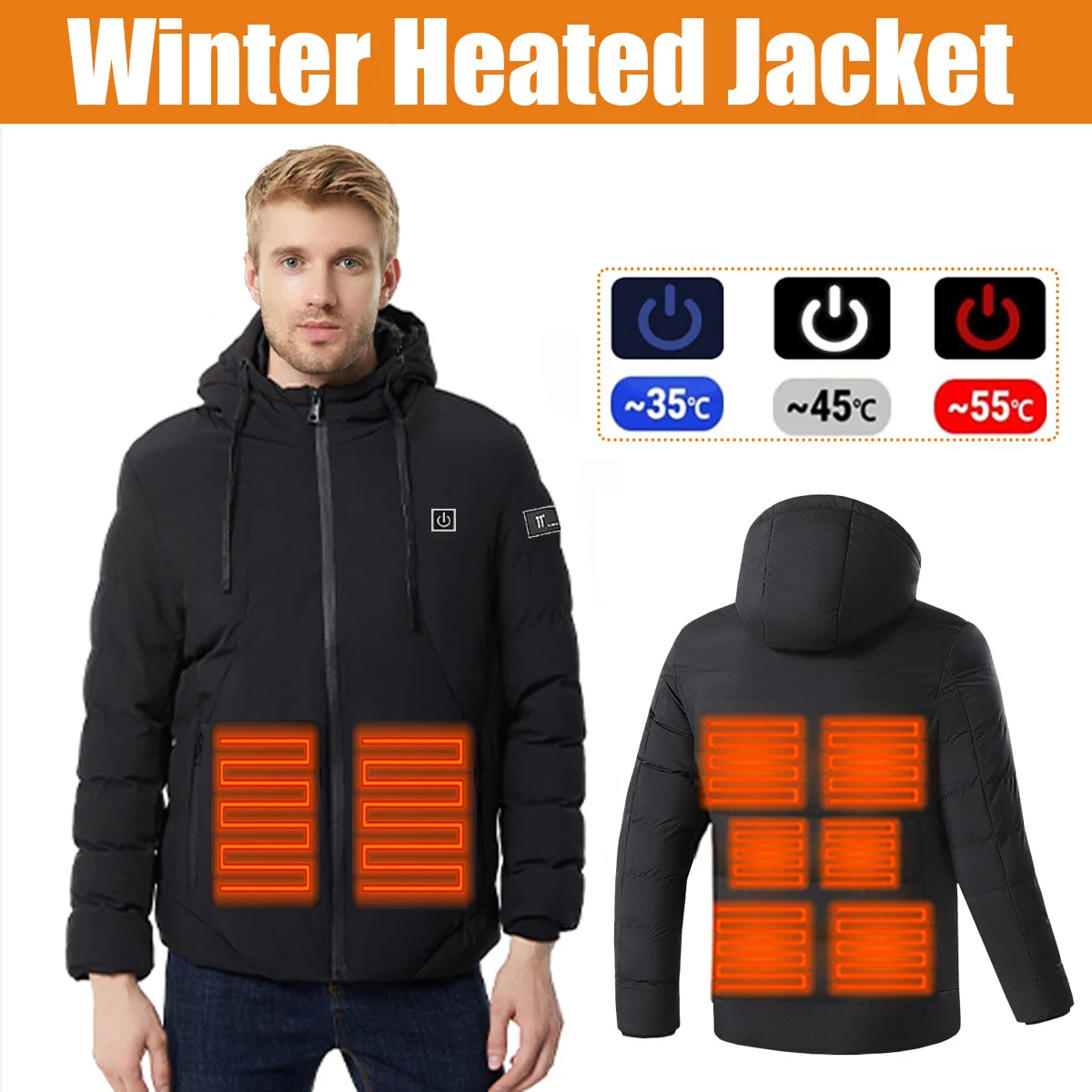 Men\'s Heated Jacket, Winter Warm Outdoor USB Electric Heated Jacket with 9 Carbon Fiber Heating Pads, 3 Temperature Levels