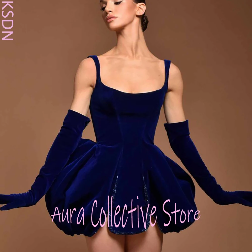 ثوب حفلة صغير مخملي باللون الأزرق الداكن ورقبة مربعة وقفازات طويلة فستان السجادة الحمراء فستان رسمي جريء للحفلات للنساء ملابس السهرة