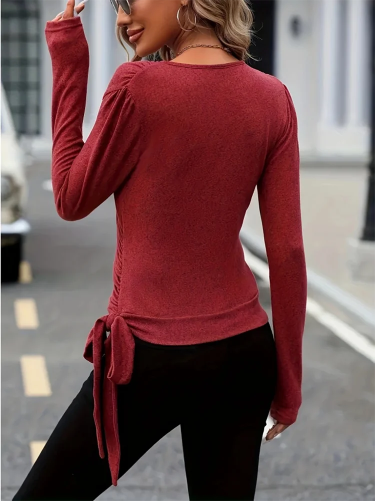 Simple Red Blouse Women Casual Spring V-Neck Tie Up Long Sleeve Top Lady Slim T-Shirt