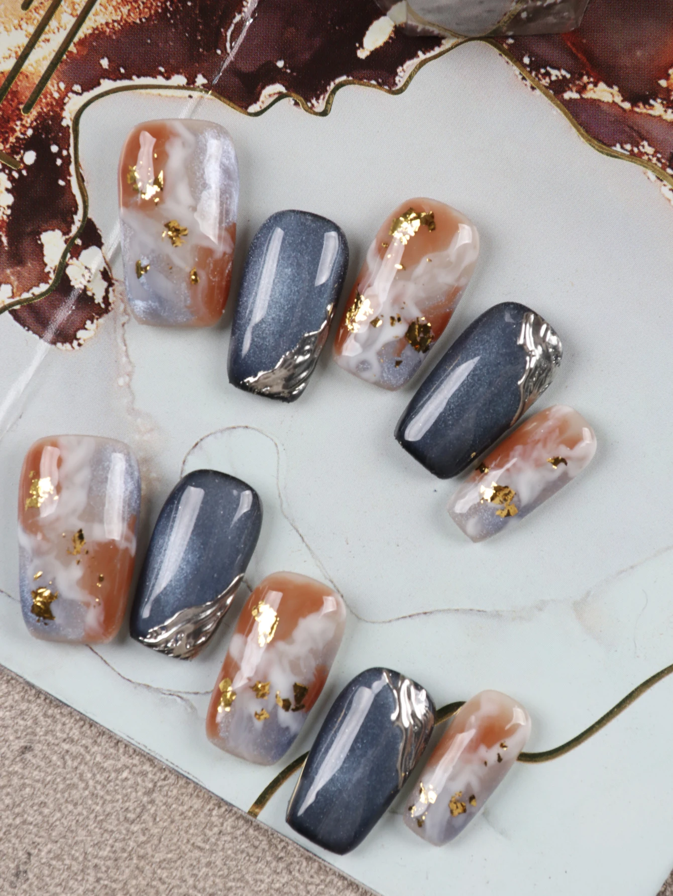 10Pcs Press on Nails  short Blue Cat Eyes White Brown  nail art Fake Nails Includes 1 Sheet Adhesive Tabs & 1 Pc Mini File