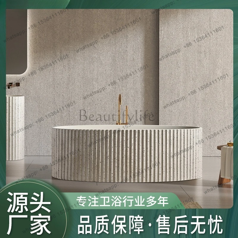 French Flaxen Artificial Stone Bathtub Hotel Household Double Oval Natural Travertine Granular Bathtub